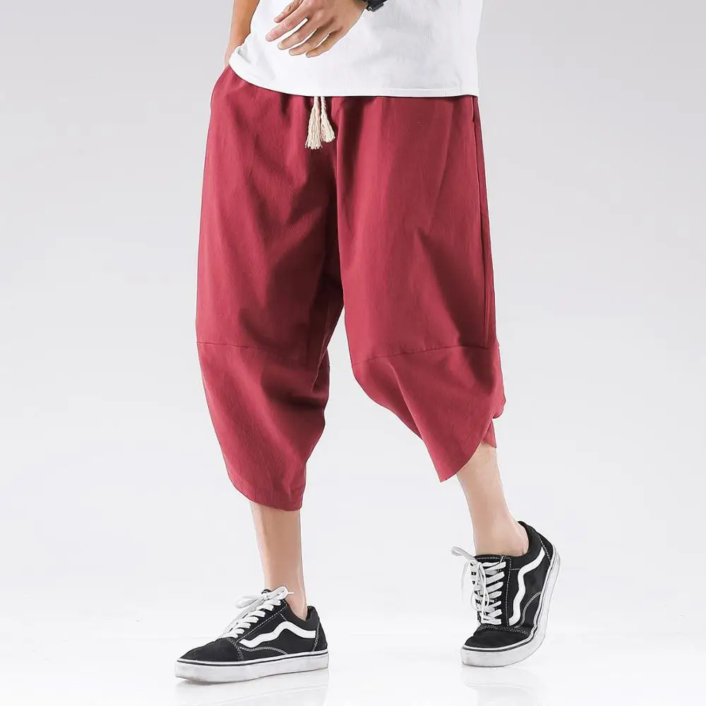 

2021 New Harajuku Cotton Linen Mens Harem Pants Summer Male Casual Calf-Length Pants Solid Plus Size Baggy Pants Trousers