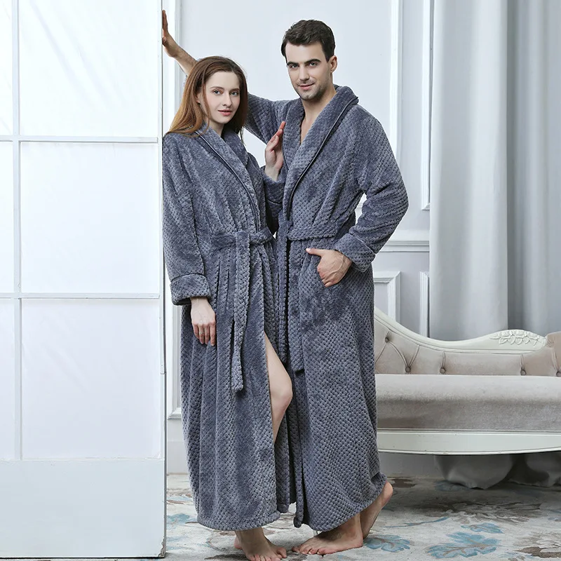 M-XXL Autumn And Winter New Bathrobes For Men  Women Couples Waist Coral Velvet Long Thickened Flannel Nightgown Sleepwear