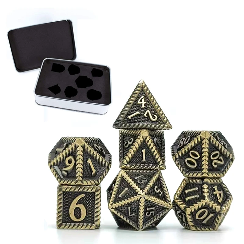 

77HC 7 Pcs/Set Metal Dice Multi-faceted Various Shapes Sculpture Digital Dice with Box for Club/Party/Family Game Accessories