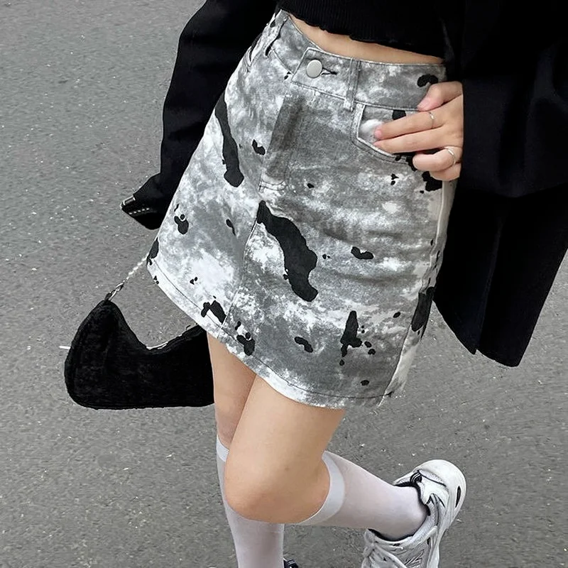 

A-line Skirt Plus Size Tie-dye Denim Skirt Female Summer 2021 High-waisted Thin All-match A-line Skirt Women's Clothing