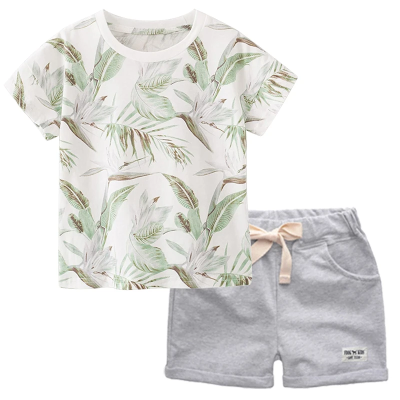 BINIDUCKLING Summer Child Outfits Leaf Printed Boys Kids Clothes Set Cotton Short Sleeve T-shirt+Short For Toddler Boy Clothing | Детская