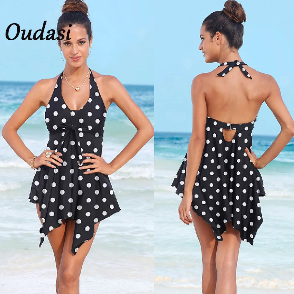 

Sexy Polka Dot Two Piece Swimsuit Halter Tankini Set Plus Size XXXL Backless Beachwear Bathing Suit Bow-knot Swimwear Famale