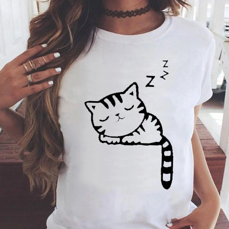 

Ladies T-shirts Summer Sleeping Cat Fashion Short Sleeve Women Tshirts Female Tee Tops Graphics O-neck Streetwear Tshirt Femme