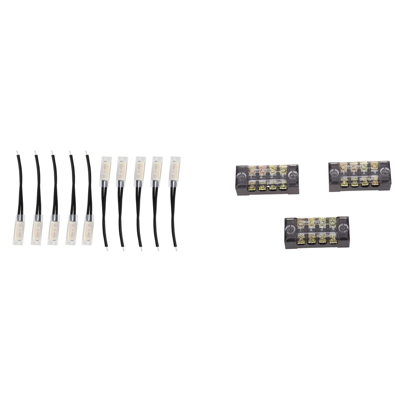 

10 Pcs Bimetal Temperature Control Switch Thermostat & 3 Pcs 600V Dual Rows Covered Barrier Screw Terminal Block Strip