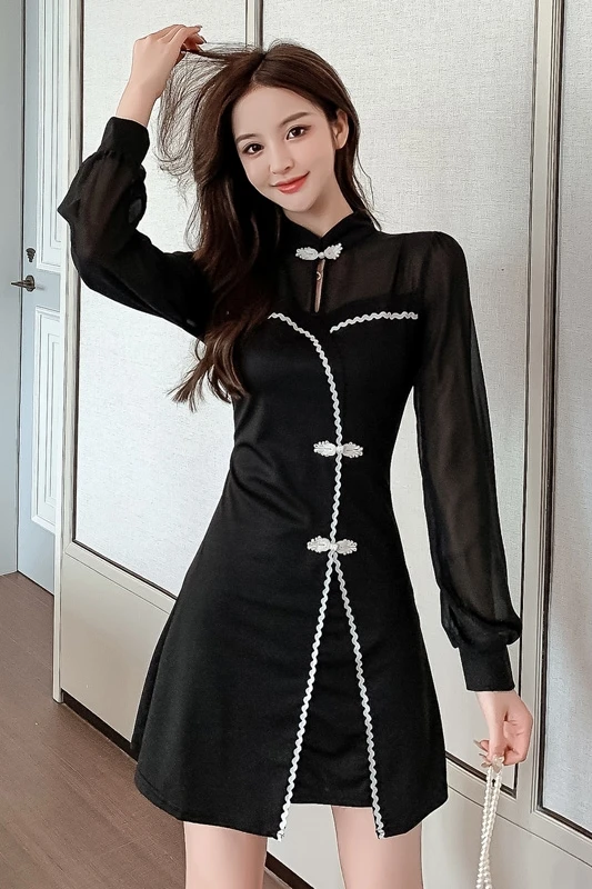 

COIGARSAM Cheongsam Full Sleeve Women one-piece dress korean New Spring Vintage Dresses Black 9519