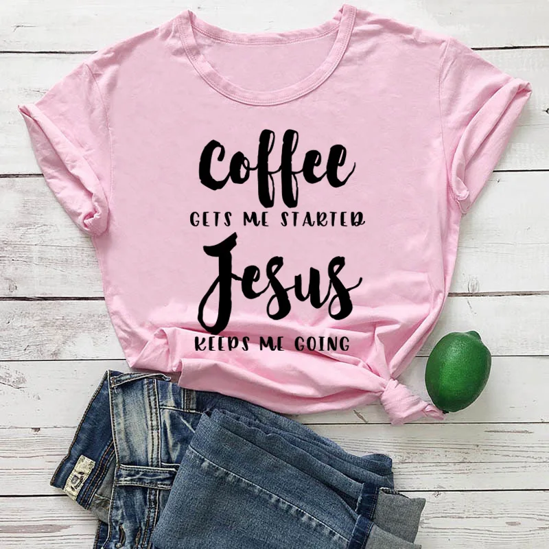 Футболка с надписью «coffee Gets Me Started Jesus», религиозная одежда, Стильная хлопковая футболка, забавный стих из Христианской Библии, графитная одежда, Топ