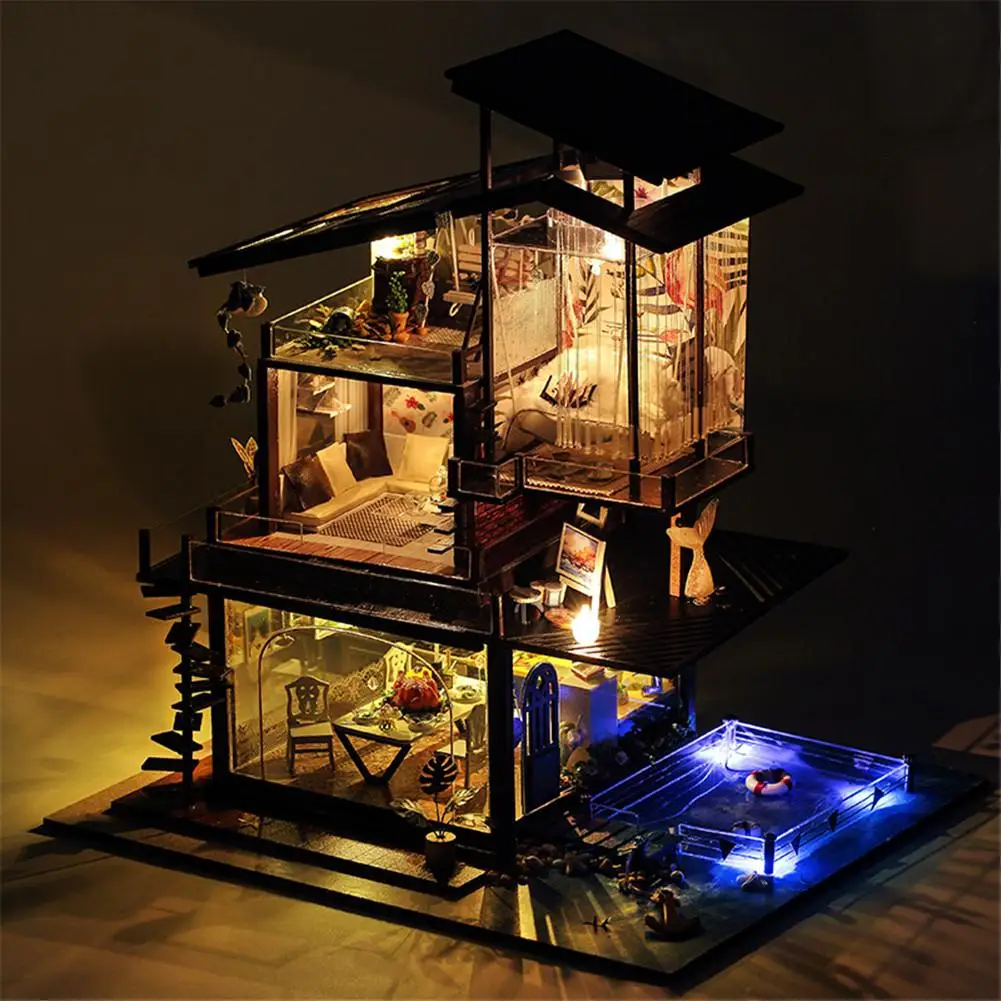 

DIY Doll House Furniture Miniature Dollhouse Toys Cottage Valencia Coast Villas With Musical Movement Without Dust Cover