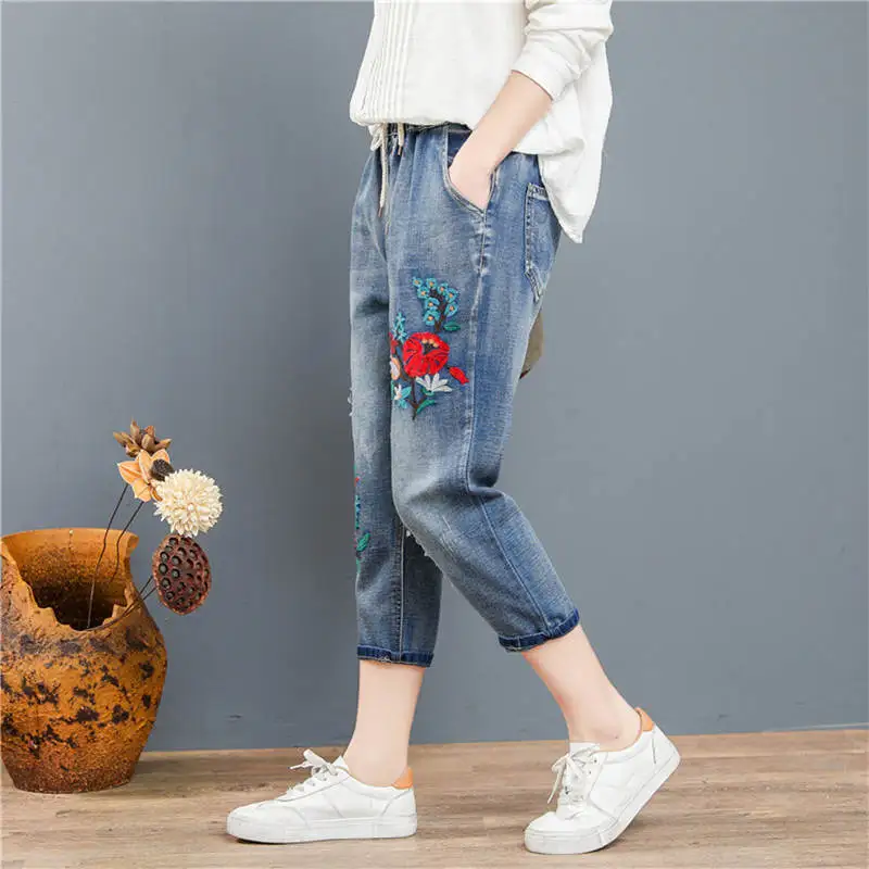 Джинсы женские в этническом стиле с вышивкой Капри рваные джинсы потертостями