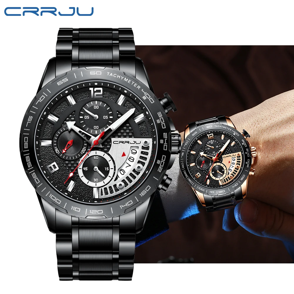 

Men Watch CRRJU Classic Business Waterproof Chronograph Quartz Wristwatch Casual Date Display Clock Calendar Relogio Masculino