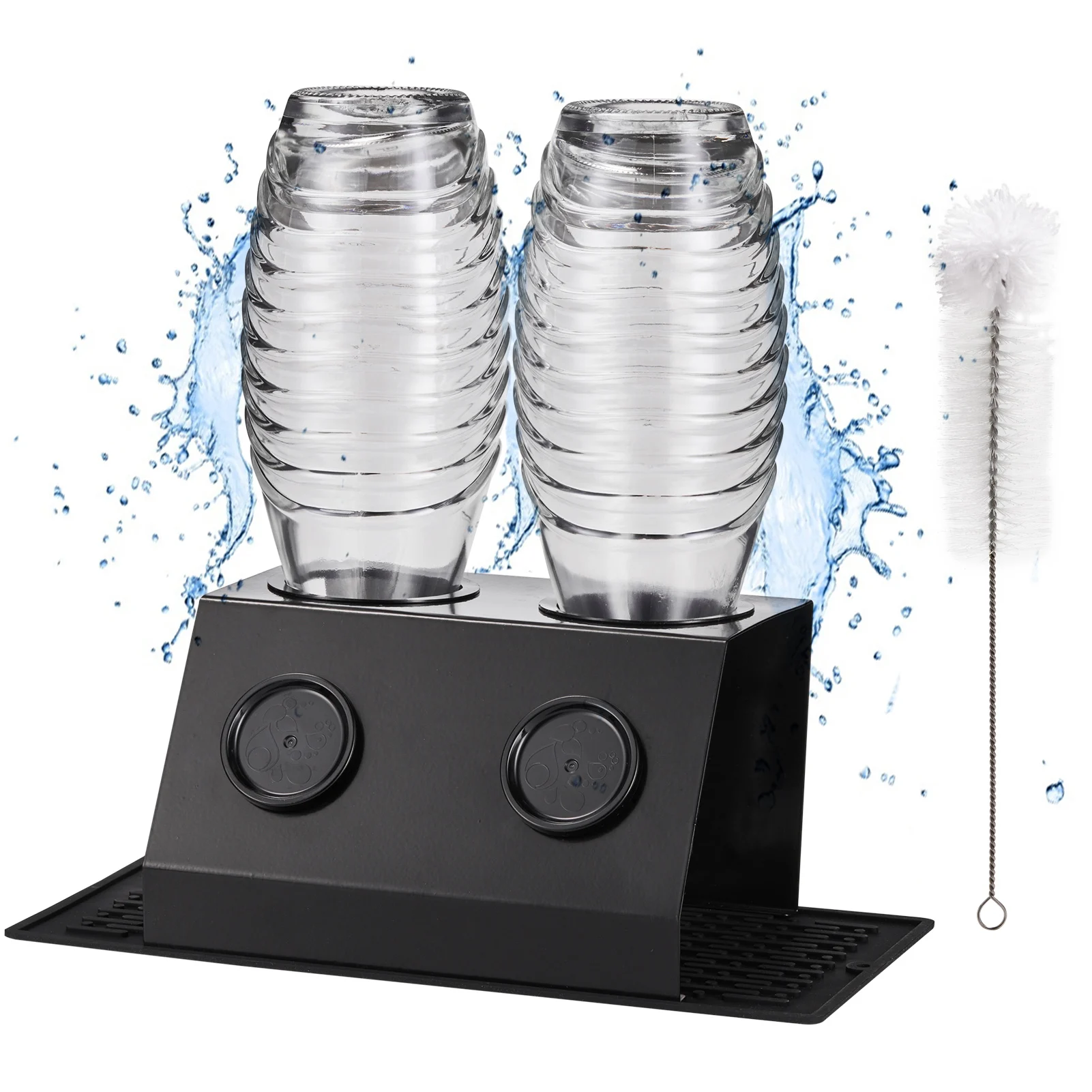 

Soda Bottle Holder Stainless Steel Rack Drip Tray For Beverages 2 Bottle Holes With Bottle Brush Dry Faster Edge Protection