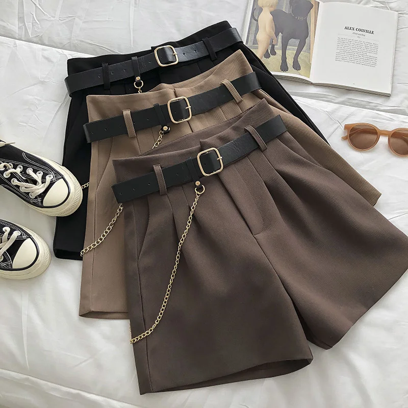 

2021 New Casual Comfortable Elegant Wild Shorts With Belt Women's Woolen Shorts Autumn Winter Slim Wide Leg A-line Shorts
