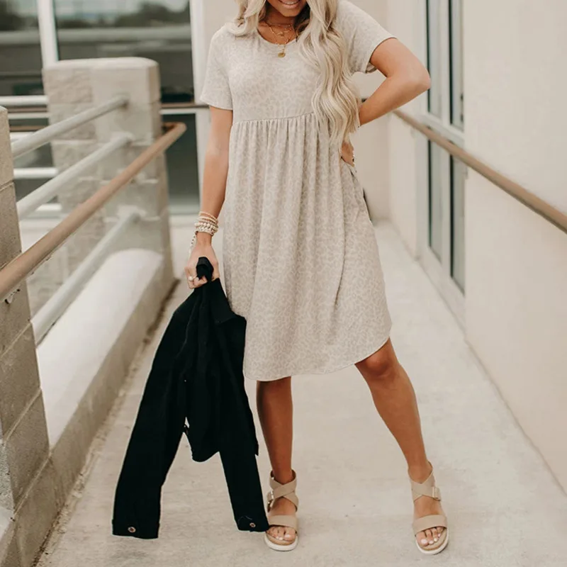 

Summer Women's Irregular Knee Length Dress Round Neck Printed Short Sleeve Chic Dress Vestidos Wn*