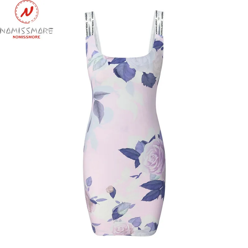 Женское облегающее платье-мини без рукавов с круглым вырезом и цветочным принтом