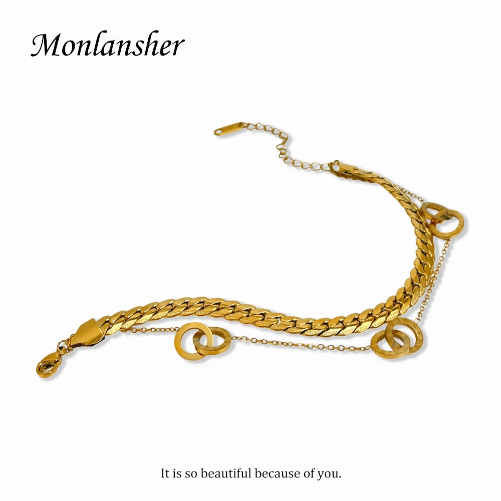 

Monlansher Roman Numerals Double Circle Layered Bracelet Gold Color Titanium Steel Chain Bracelet Minimalist Bracelets Jewelry