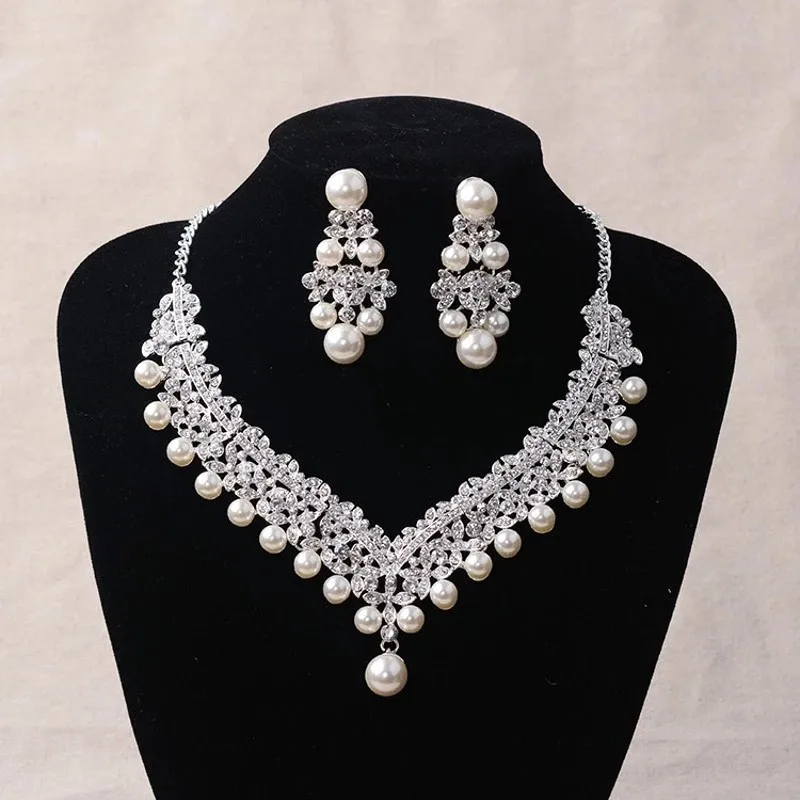 2Pcs Jewelry Set Великолепная свадебная тиара украшения из искусственного жемчуга диадема блестящая свадебная корона большая королева диадемы горный хрусталь кристалл волосы ювелирные наборы - Окраска металла: 2Pcs Jewelry Set