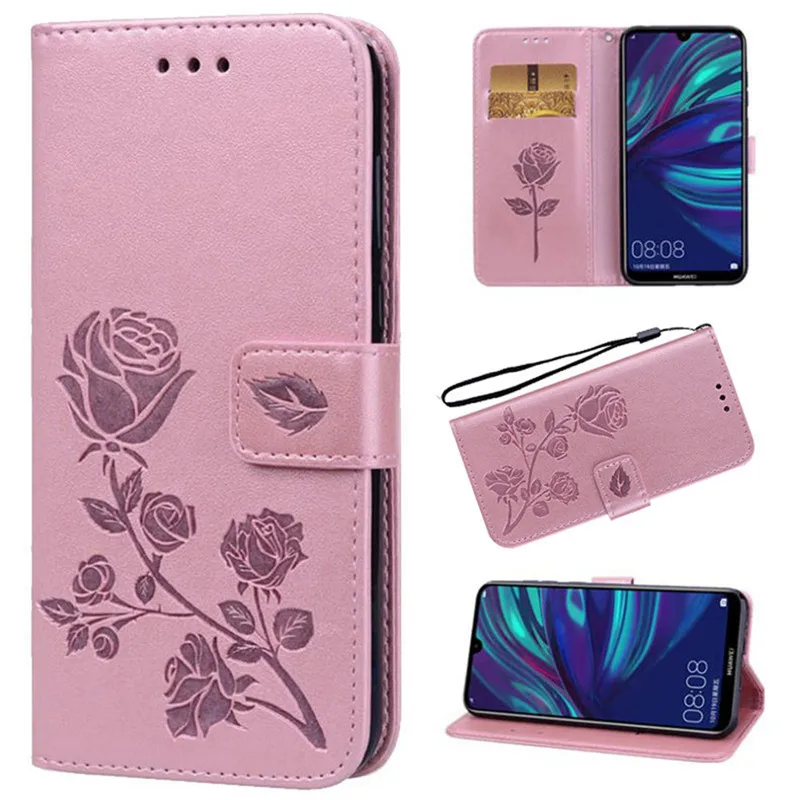 luxury leather flip book case for huawei y9 2018 y9 prime 2019 rose flower wallet stand card holder case phone cover bag coque free global shipping