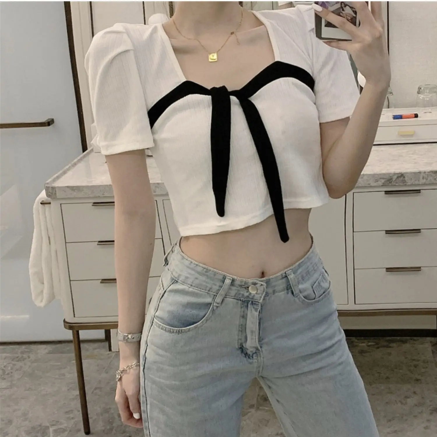 

Color contrast square collar shirt women's new design in summer