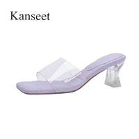 kanseet women slippers 2021 summer new crystal heels square toe soft handmade shoes hot sale white purple high heels women shoes