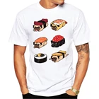 Мужские футболки, 100% хлопок, дизайн суши, мопса, дизайнерская футболка с круглым вырезом