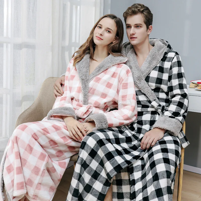 

New Autumn/winter Nightdress Printed Checked Hooded Flannel Nightgown Patchwork Couples Robe Men's Thickened Plaid Gown