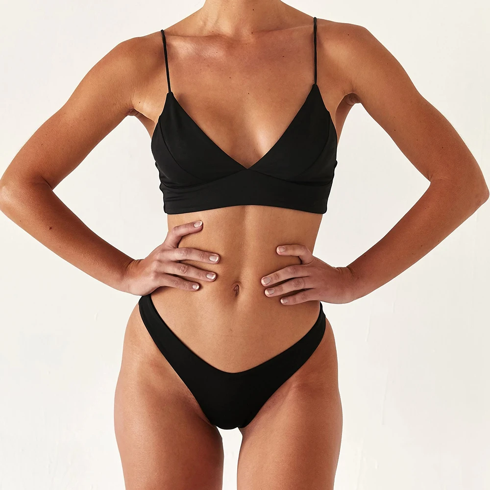2021 New Sexy  Bikinis Swimsuit Women's  Underwear Swimwear Bathing Swim Suit Solid Corlor High Waist Cut Lace Up Halter Bra Set