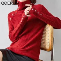 qoerlin vintage winter turtleneck sweater women long sleeve pullovers buttons stretch knitted tops red jersey mujer