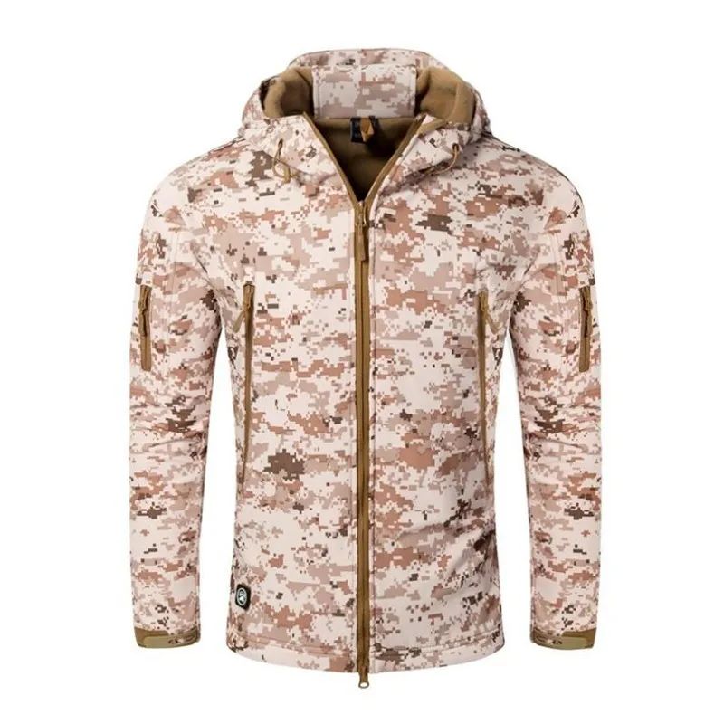 Men's Military Camouflage Fleece Tactical Jacket Outdoor Shark Skin Soft Shell Waterproof Windbreaker Hooded Coat Hunt Clothes