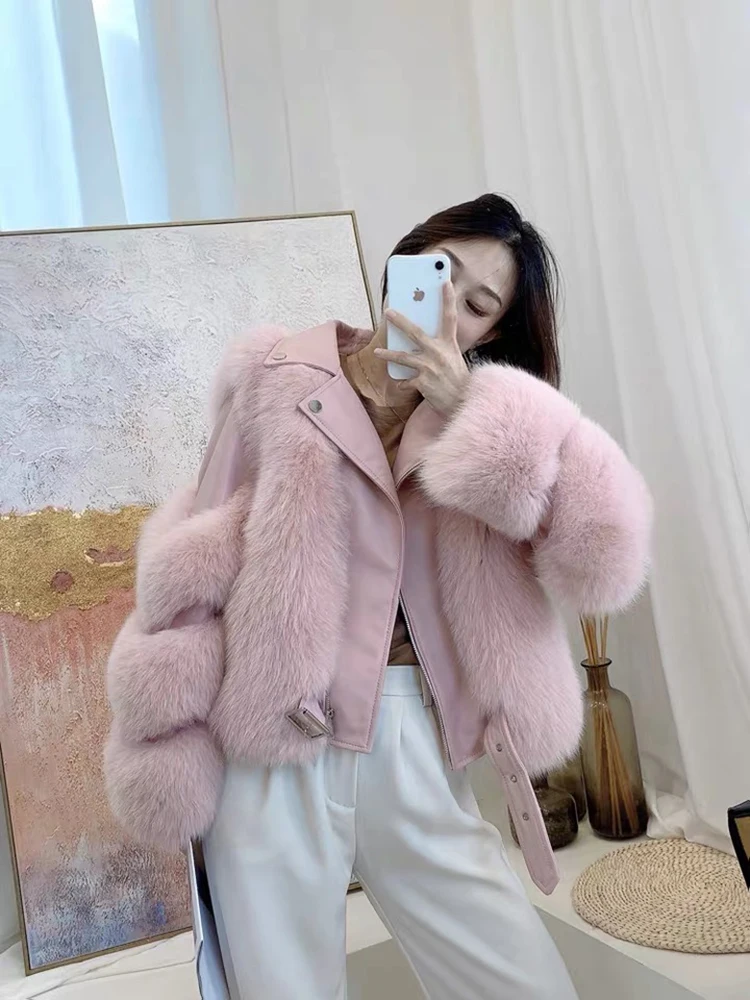 

Hot Sale Full Pelt Thick Real Fox Fur Coat with Genuine Sheepskin Leather Long Sleeves Short Motor Biker Jacket Outerwear