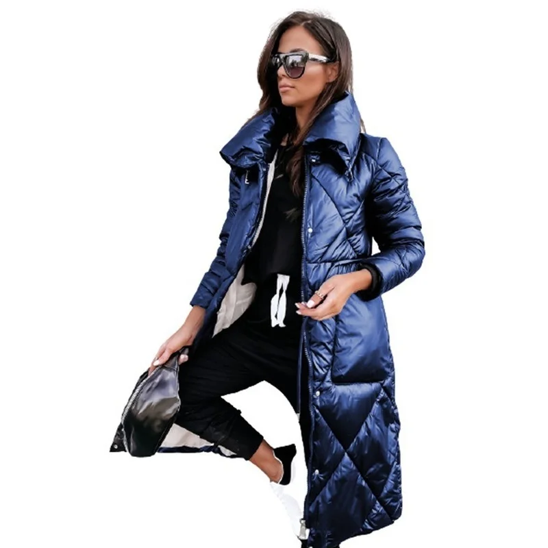 Winter 2021 New Colorful Candy Cotton-padded Jacket Women's Down Padded Turn-down Collar Long Jacket Shiny Warm Padded Parkas