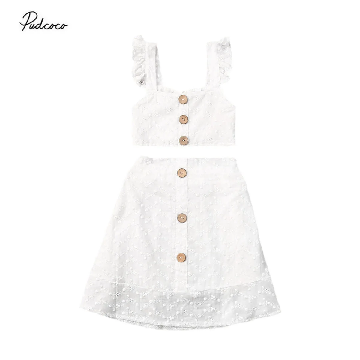 Комплект летней детской одежды из топа и юбки однотонного белого цвета на