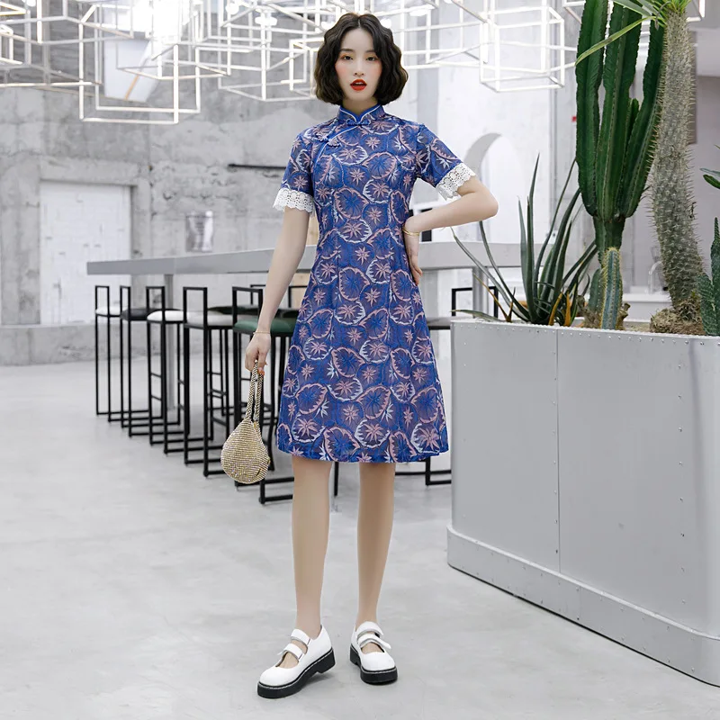 

Vintage Mandarin Collar A-Line Traditional Chinese Women Party Qipao Lace Cheongsam Dress Short Sleeve Vestidos Dress S-3XL