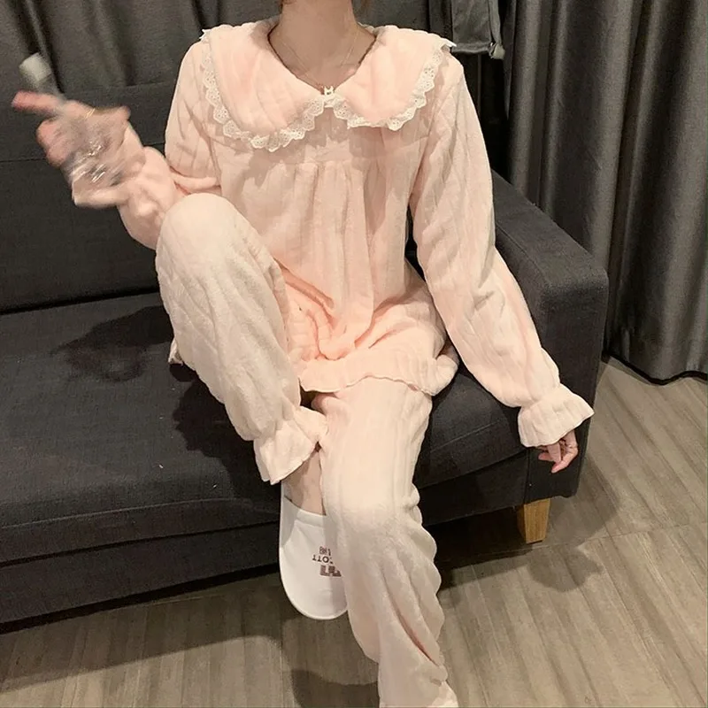 

Women Pajama Sets Solid Flannel Coral Fleece Winter Warm Soft Casual Comfortable Long Sleeve Sweet Cute Kawaii Fashion Nightwear