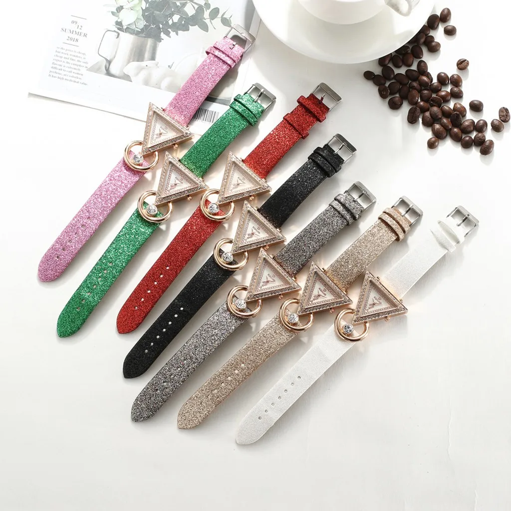 

2021 Unique Creative Triangle Rhinestone Quartz Ladies Watch Hot Brand Waterproof Casual Jewelry Leather Strap Wristwatch Gift