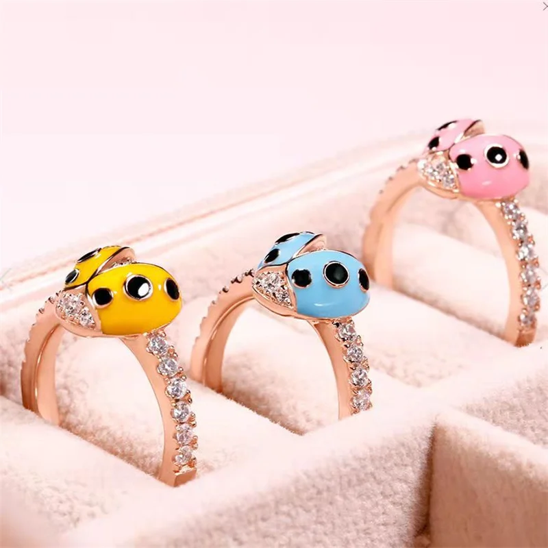 

Lovely Rhinestones Ladybug Animal Ring Open Adjustable Zircon Finger Rings for Women Girls Party Birthday Fashion Jewelry