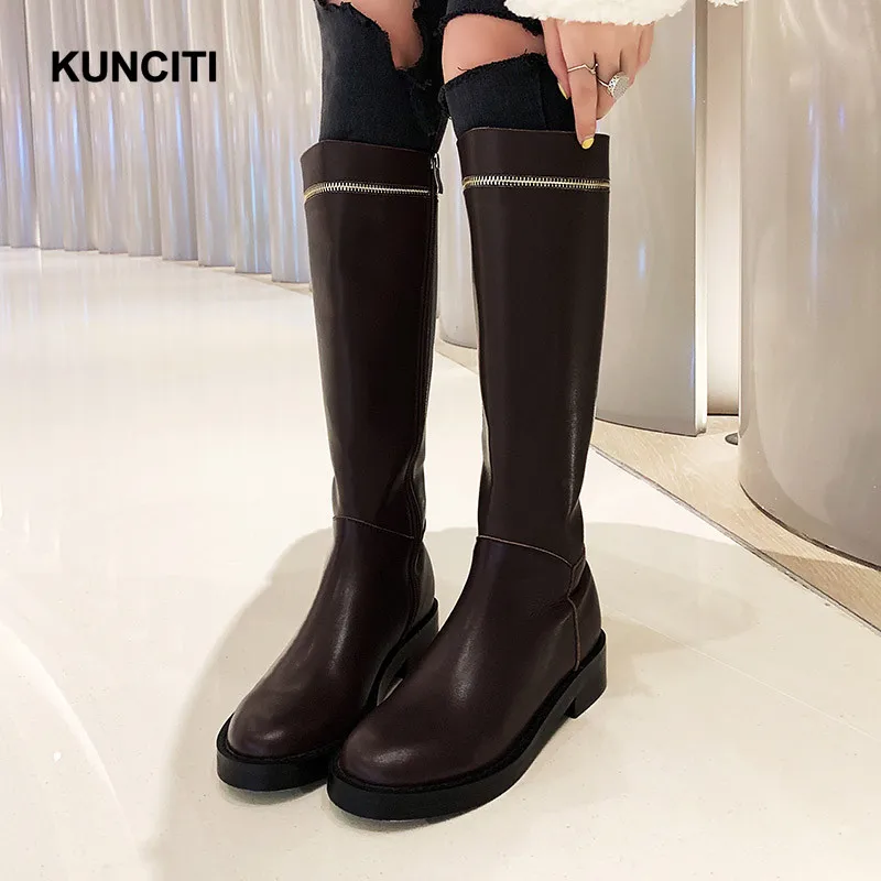KUNCITI/; женские зимние сапоги до колена; сапоги на квадратном каблуке; ботинки в байкерском стиле; женская обувь на молнии; высококачественные высокие сапоги; B912