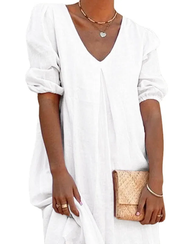 

Long Dress Women Elegant Summer Casual Office Loose Solid Knee Length Half Sleeve V Neck Basic Beach Sexy Streetwear Vestidos