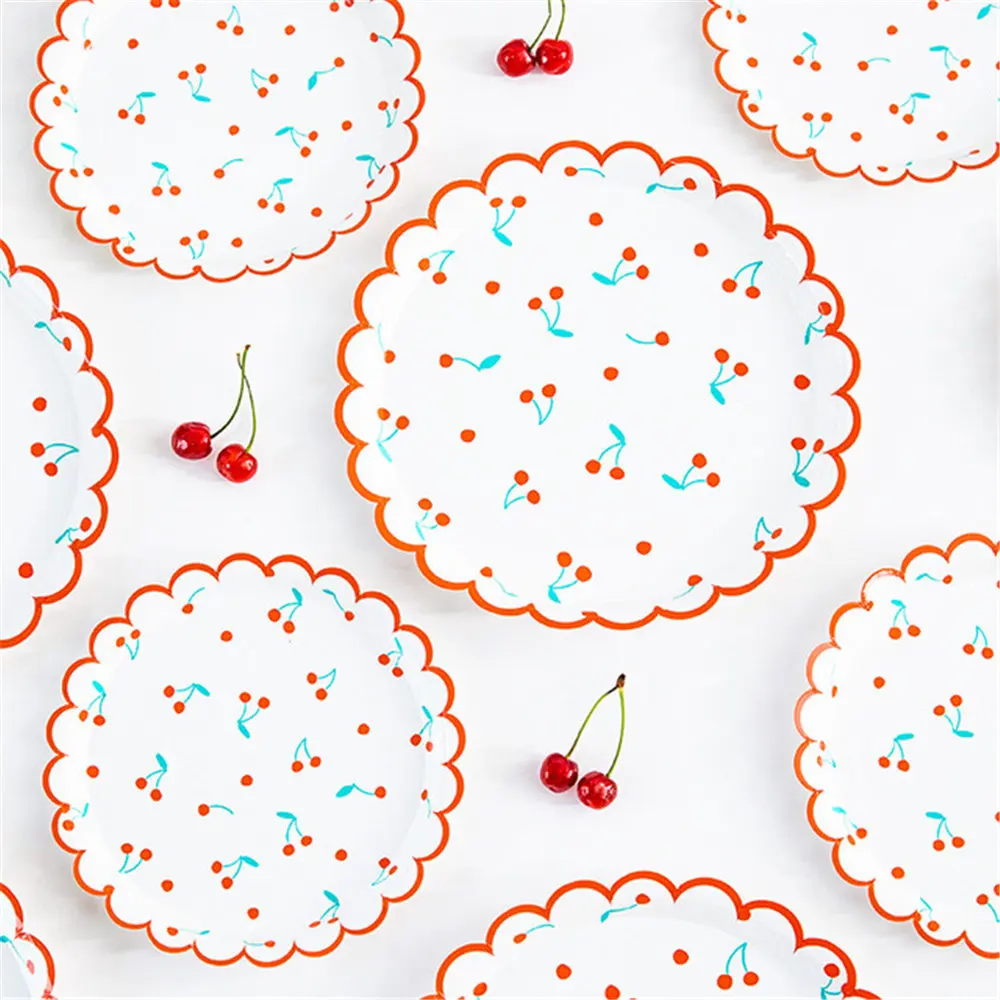 Fruit cherry printed plate lace paper tray family party tableware birthday summer fresh round | Дом и сад