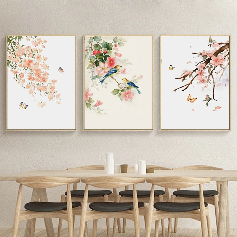 Бабочка птицы розовый цветок китайские чернила Цветочная абстракция на стену