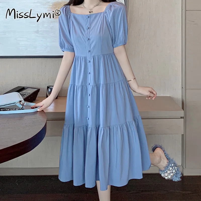

4XL Plus Size Women Solid Color Shirt Dress Summer 2021 Vintage Square Collar Puff Sleeve High Waist Loose Ruffle Long Dresses