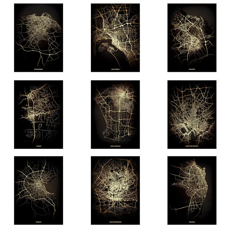 

World City Map Night View Traffic Highway Light Heat Map Canvas Painting Posters and Prints Wall Art for Living Room Unframed