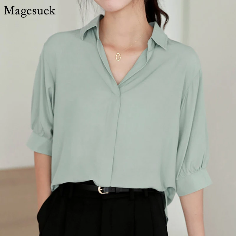 

Plus Size Chiffon Women Blouse Autumn Short Sleeve Loose Blouses Women Casual V-neck Pullover Withe Shirt Women Top Blusas 10183