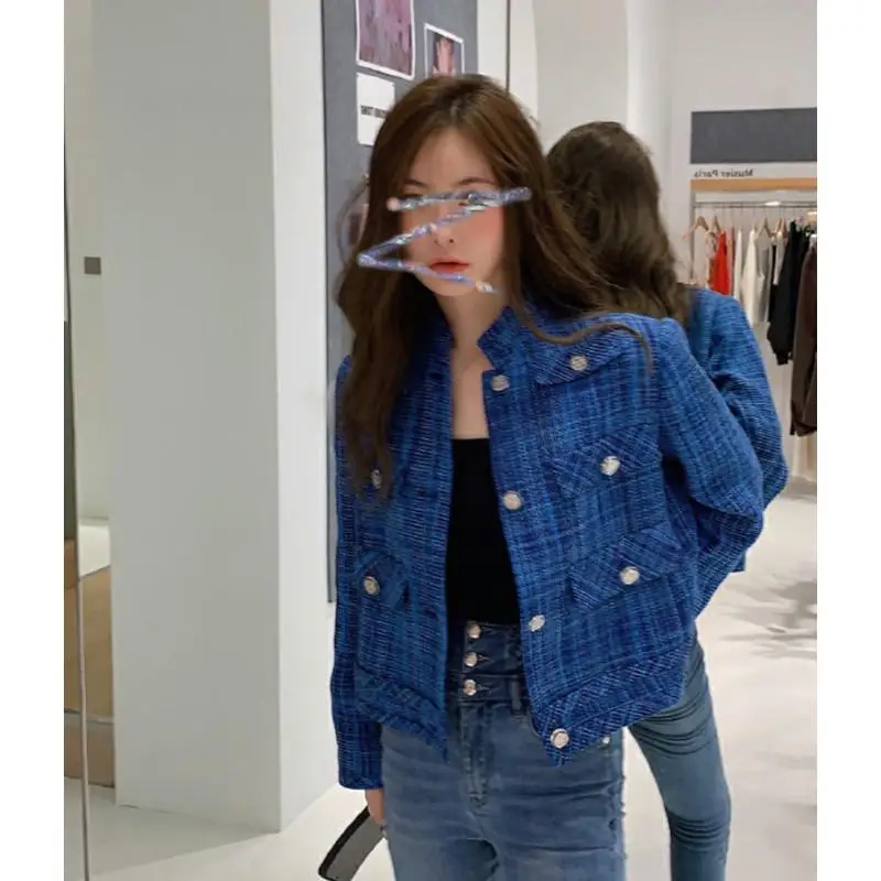 

Korean Chic Fall Winter Luxury Gold Button Blue Jacket Women Trendy Clothes 2021 New Cropped Blouse Women Long Sleeves Coat Top
