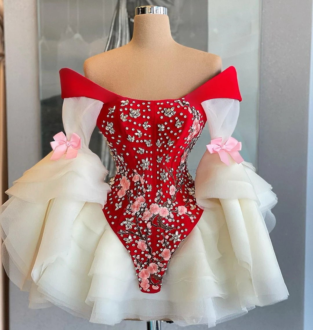 

Cute Prom Dresses Puffy Long Sleeves Tulle Ruffles Cap Sleeves Flower Crystals Appliques Short Mini Length Women Party Gowns