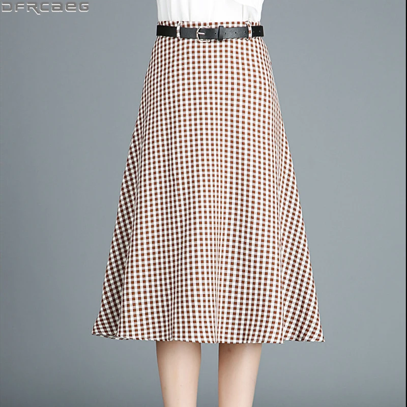 Юбка женская клетчатая трапециевидная до колена с завышенной талией