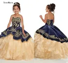 Темно-синее платье с золотой вышивкой для маленьких девочек, пышное платье из органзы с оборками в виде капкейков, платье для девочек с цветочной вышивкой и шнуровкой на спине
