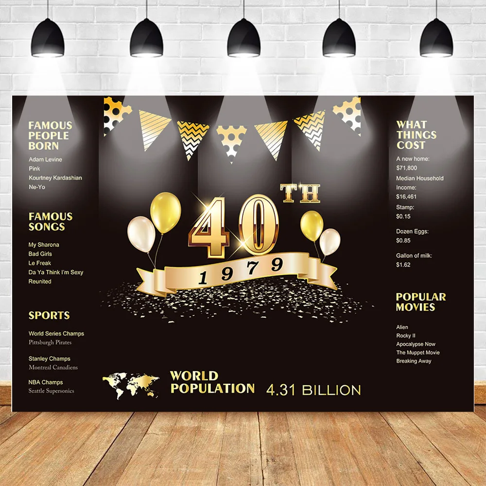 

Celebration 40th Birthday Photography Backdrop for Adult 50th 60th 70th Birthday Party Background Balloons Gold Bunting Black