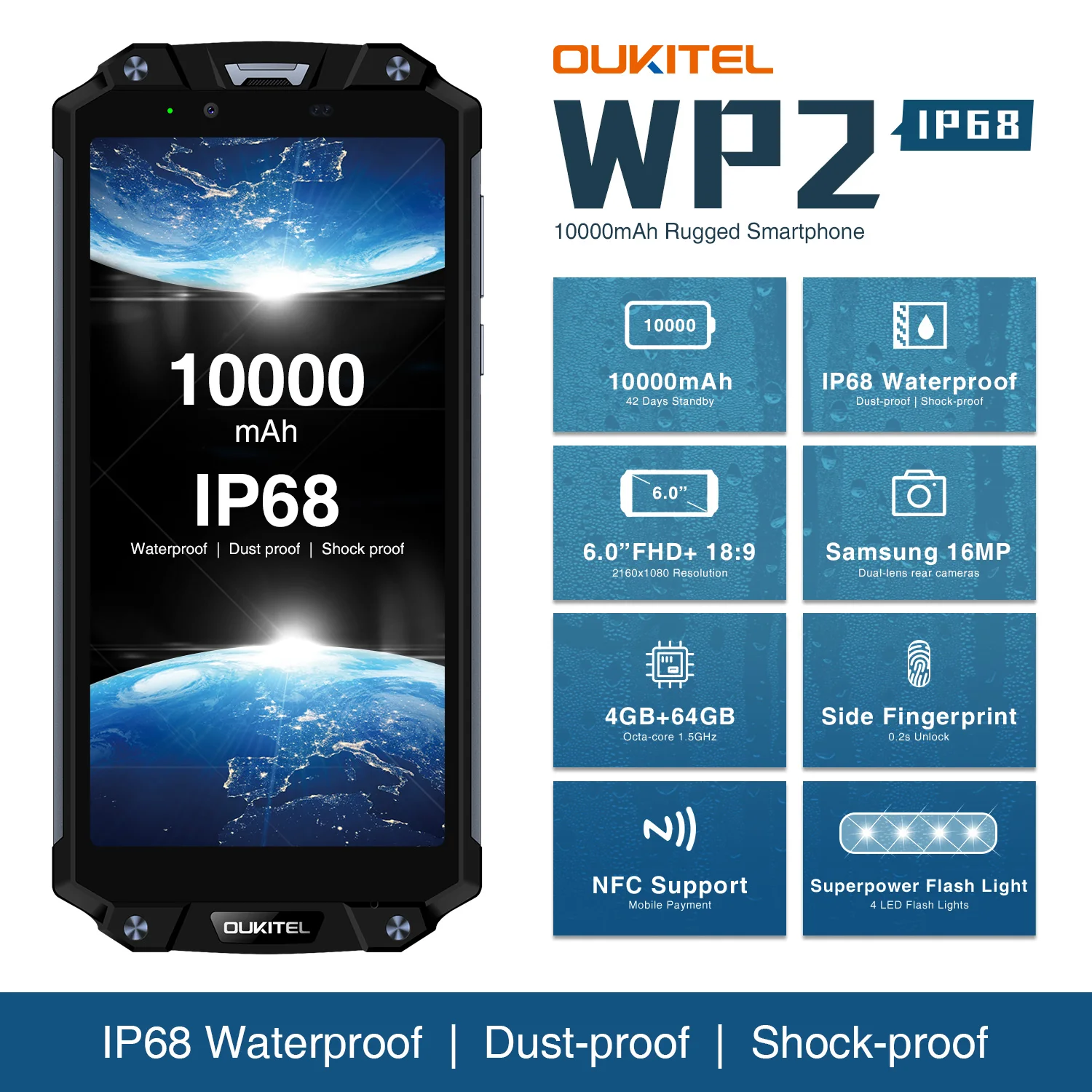 Смартфон Oukitel WP2 4G NFC IP68 4 ГБ 64 экран 6 0 дюйма 10000 мАч Восьмиядерный процессор MT6750T