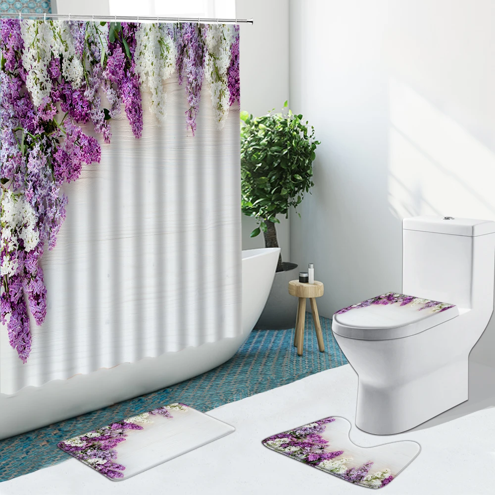 Занавески для душа с фиолетовыми цветами гиацинт зелеными листьями и птицами