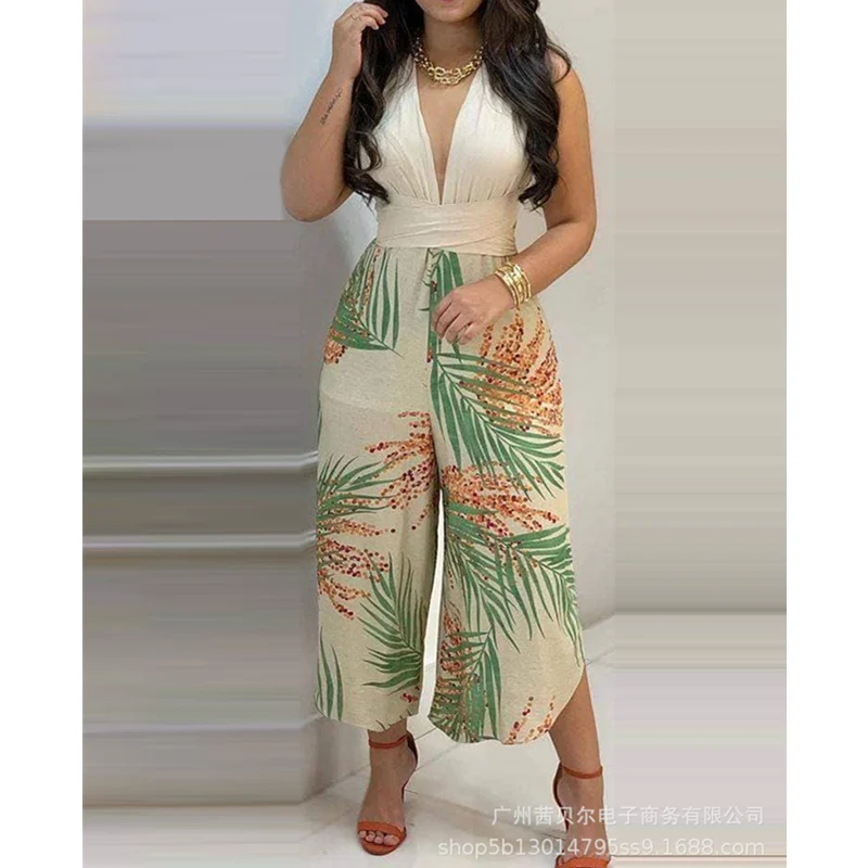 

WEPBEL Ladies Summer Sexy Jumpsuit V Neck Halter Bandage Floral Print Romper Women High Waist Split Wide Leg Pants Overalls