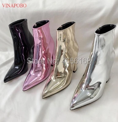Женские зимние ботинки из лакированной кожи золотистые серебристые полусапожки